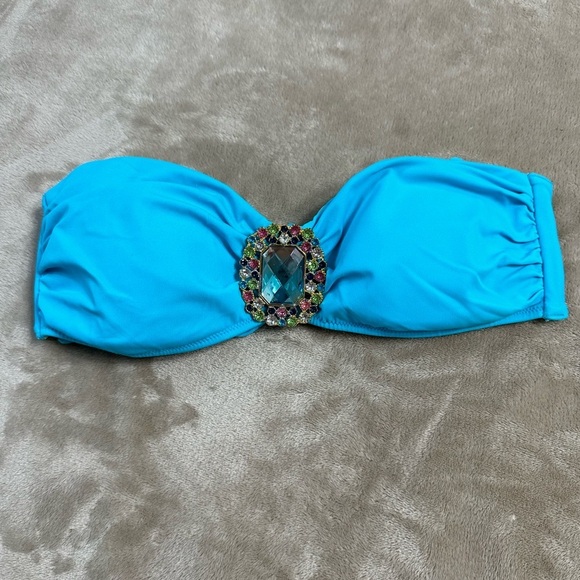 Victoria's  Secret Jeweled Center Turquoise Blue Bandeau Bikini Top Size Medium - Picture 1 of 6